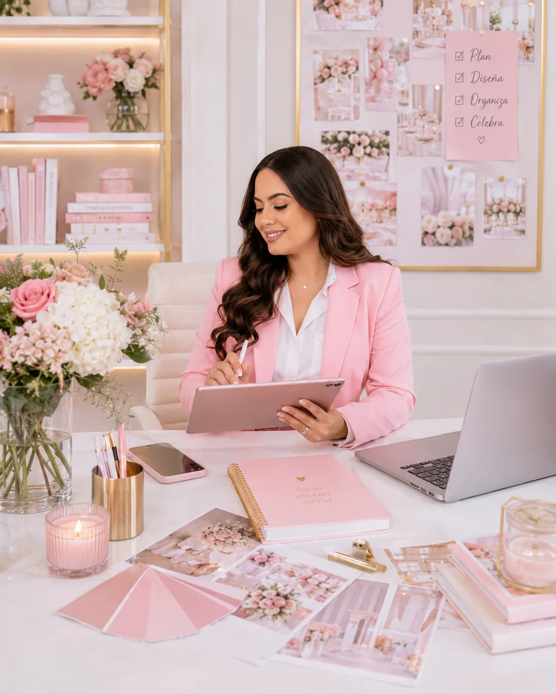 Organizadora de eventos trabajando en un estudio rosado