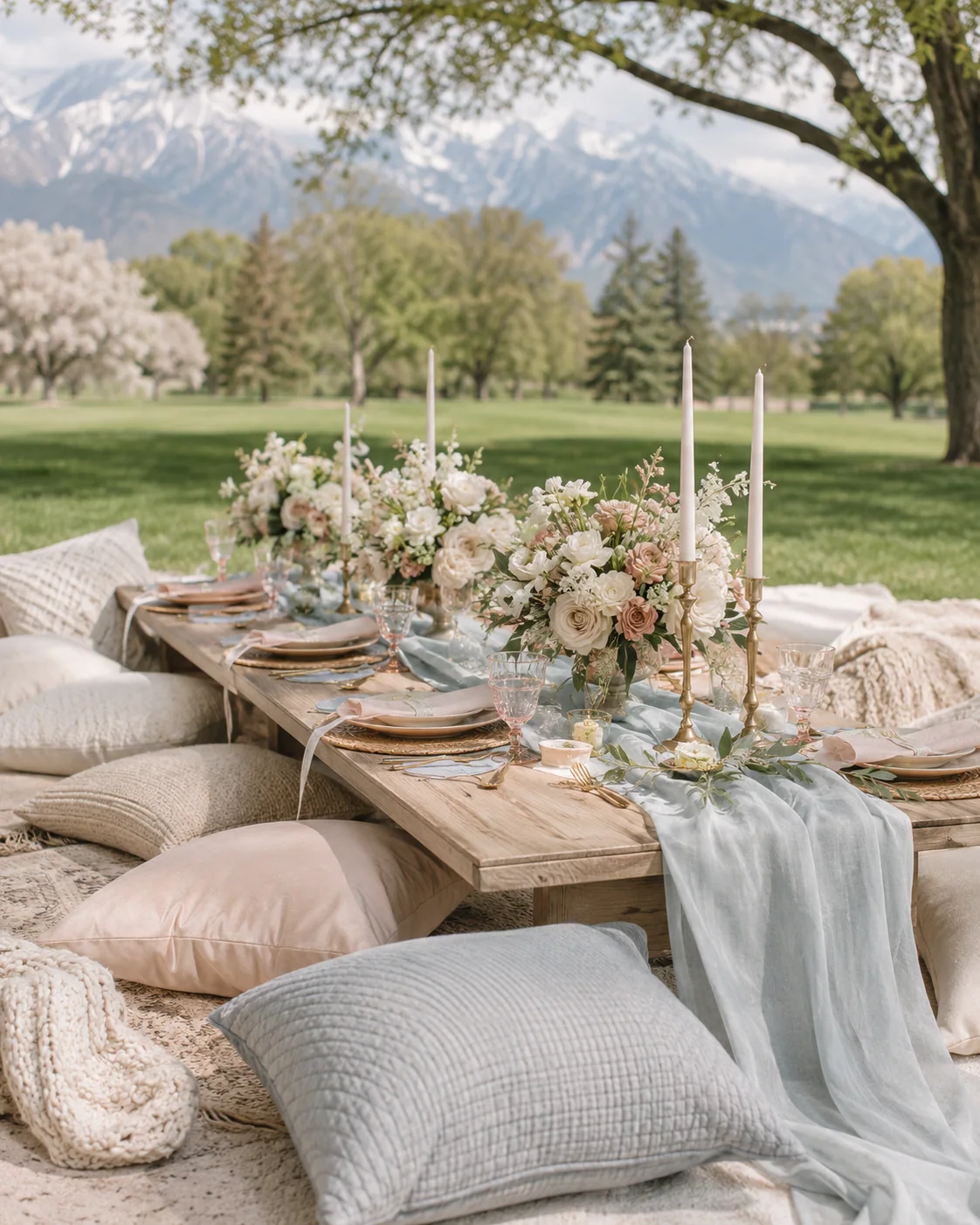 Picnic elegante decorado con flores y vista a las montañas de Utah
