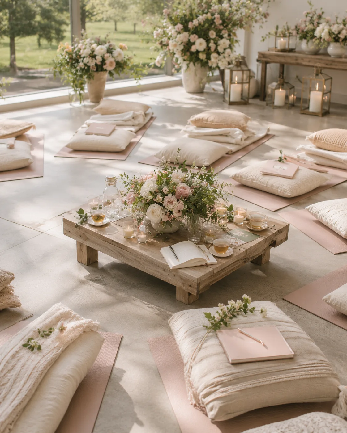 Espacio de bienestar con cojines y flores